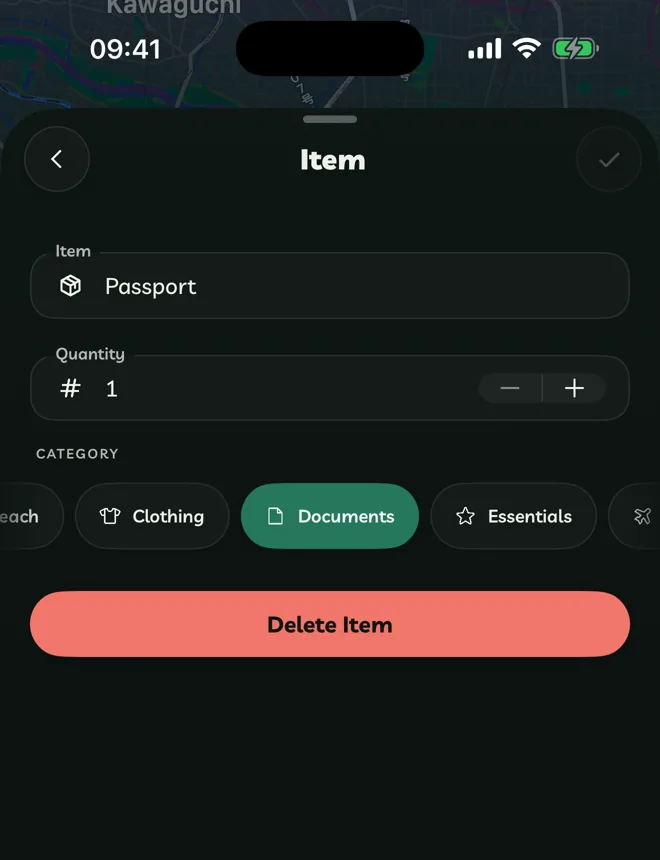 The packing item editor with Item, Quantity and Category
